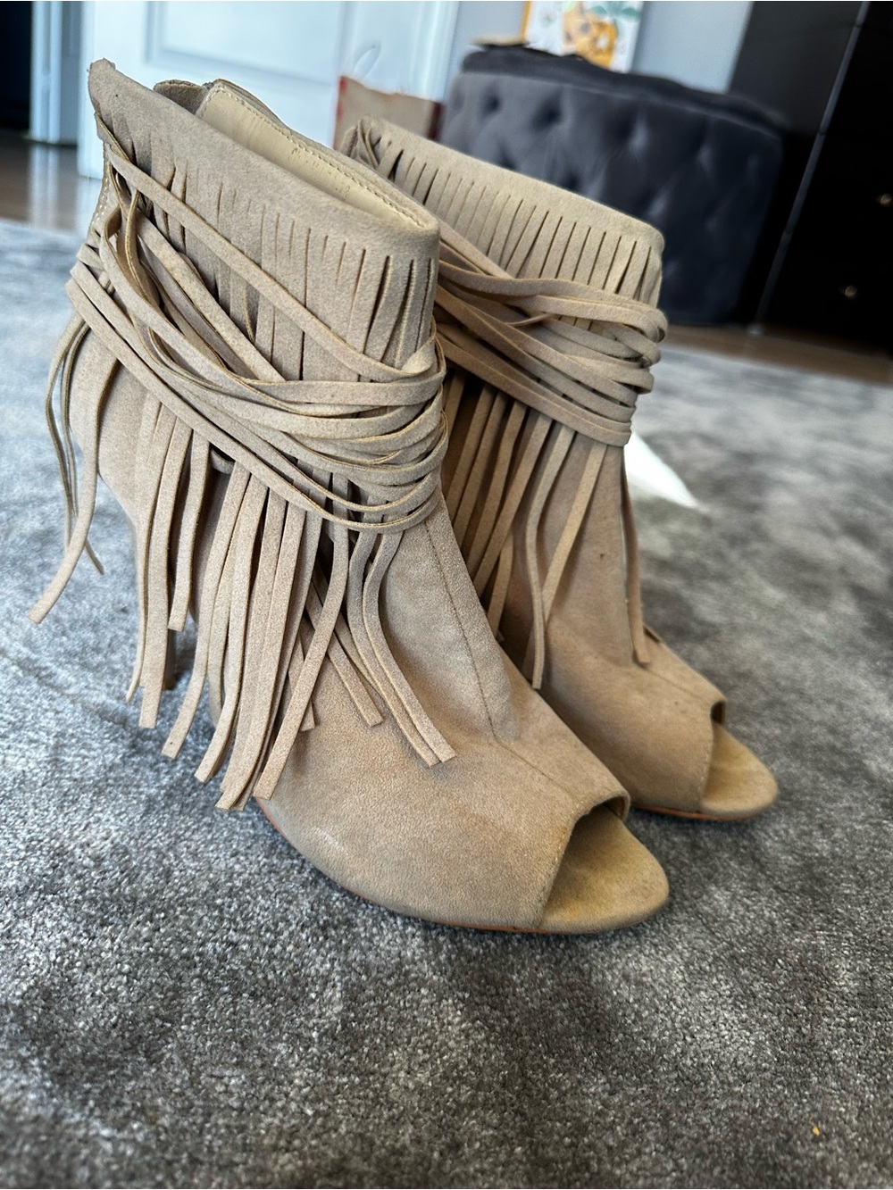 Fringe Wrap Peep-Toe Ankle Booties in Tan